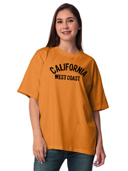 Status Mantra - Mustard Women Pure Cotton Round Neck Half Sleeves Oversized T-Shirt