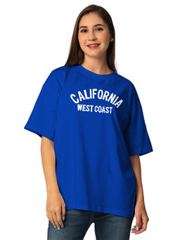 Status Mantra - Blue Women Pure Cotton Round Neck Half Sleeves Oversized T-Shirt