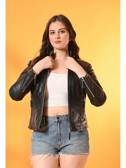 TBOJ - Black Women Solid Leather Jacket