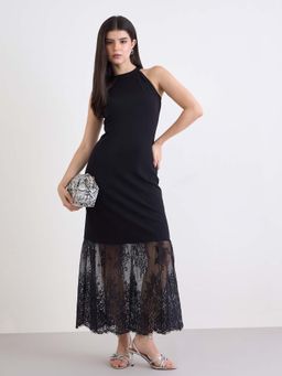 Styli - Women Halter Neck Lace Detailing Sleeveless A Line Dress Black