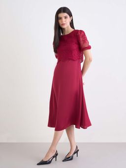 Styli - Women Round Neck Half Sleeves A-Line Dress Red