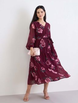 Styli - Women Floral Long Sleeves A-Line Dress With Belt