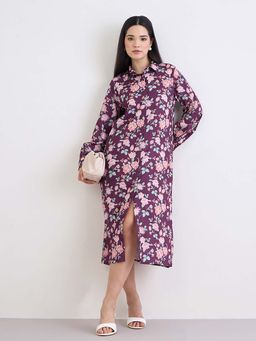 Styli - Women Floral Shirt Collar Cuffed Sleeves Shirt Dress