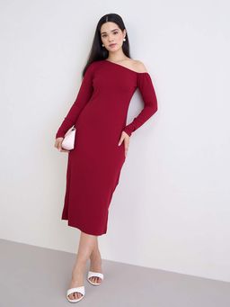 Styli - Women Solid One Shoulder Regular Sleeves Bodycon Dress Burgundy