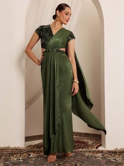 Miss Chase - Luxe Womens Olive V-Neck Short-Sleeve Embellished Draped Velvet Dress