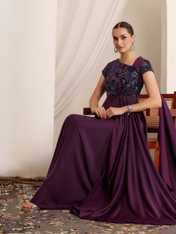 Miss Chase - Luxe Womens Purple Asymmetric Draped Gown In Embroidered Luxe Satin