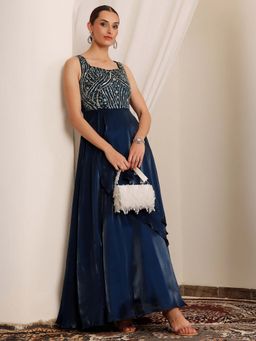 Miss Chase - Luxe Womens Sleeveless Navy Blue Gown Embroidered Layered Premium Satin