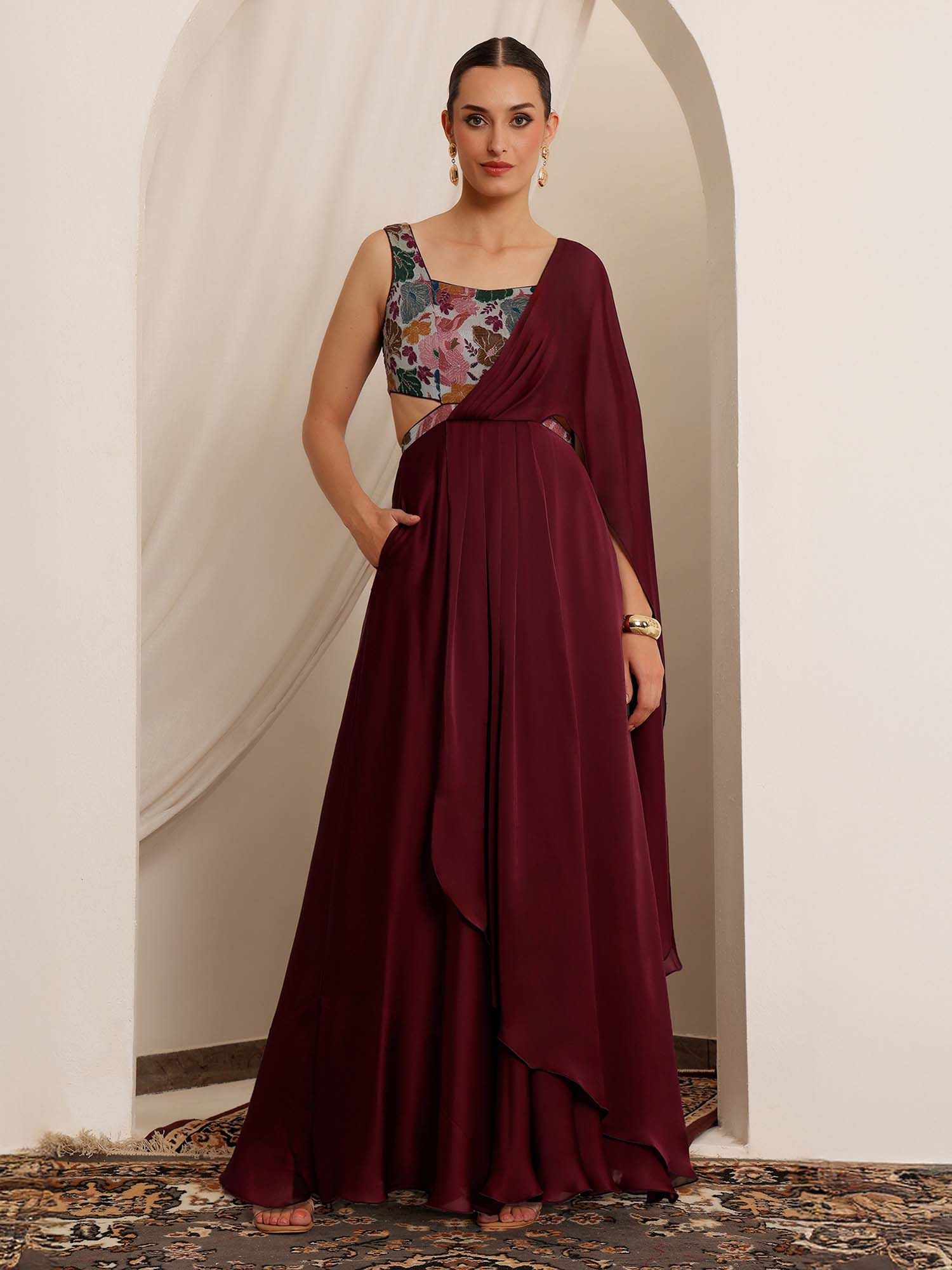 miss chase Luxe Womens Luxe Layered Satin Gown Wine With Square Neck And Floral Design-picture-33