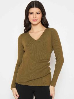 Madame - Side Ruched Surplice Neck Olive Green Sweater