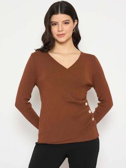 Madame - Side Ruched Surplice Neck Tan Sweater