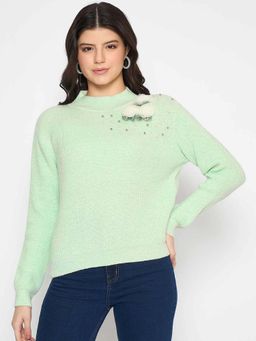 Madame - Applique Mock Neck Mint Green Sweater