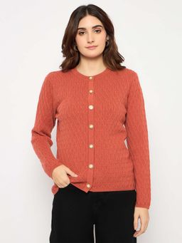 Madame - Cable Knit Round Neck Rust Red Cardigan