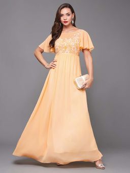 Miss Chase - Womens Peach Boat Neck Half Sleeve Solid Embellished Georgette Dress