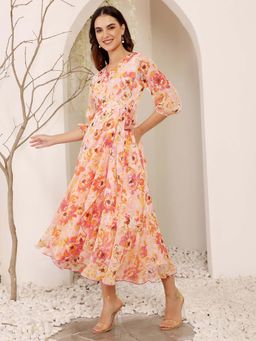 Miss Chase - Womens Pink And Orange V-Neck Bishop Floral Layered Chiffon Dress