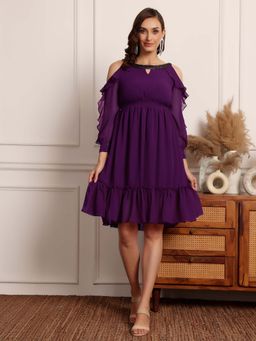 Miss Chase - Womens Dark Purple Solid Round Neck Polyester Ruffled Dress