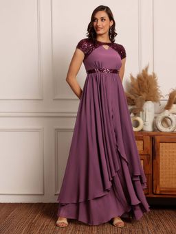 Miss Chase - Womens Mauve Half Sleeve Embellished Layered Georgette Dress