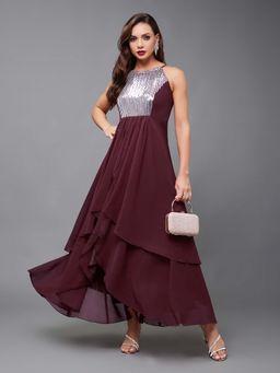 Miss Chase - Womens Wine Embellished Layered Dress
