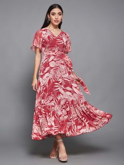 Miss Chase - Womens Base Maroon Flared Sleeve Floral Wrap Dress