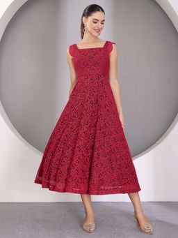 Miss Chase - Womens Maroon Square Neck Sleeveless Self-Designed Ruffled Lace Dress