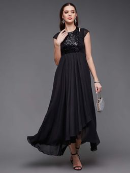 Miss Chase - Womens Black Halter-Neck Solid Pleated Embellished Georgette Dress