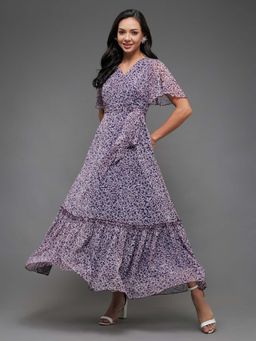 Miss Chase - Womens Purple V Neck Floral Wrap Chiffon Dress
