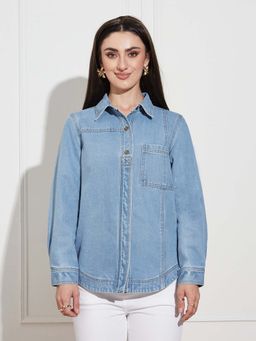 Miss Chase - Womens Light Blue Full Sleeves Asymmetric Denim Shirt