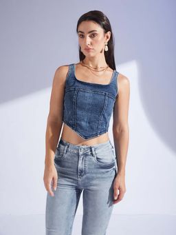 Miss Chase - Womens Navy Blue Square Neck Sleeveless Zipper Corset Denim Crop Top