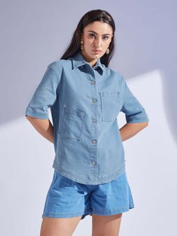 Miss Chase - Womens Light Blue Half Sleeve Asymmetrical Regular-Length Denim Shirt