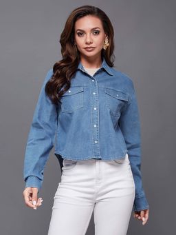 Miss Chase - Womens Mid Blue Shirt Collar Full Sleeve High Low Solid Crop Denim Shirt