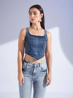 Miss Chase - Womens Navy Blue Square Neck Sleeveless Zipper Denim Crop Top