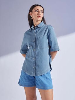 Miss Chase - Womens Light Blue Half Sleeve Asymmetrical Regular-Length Denim Shirt