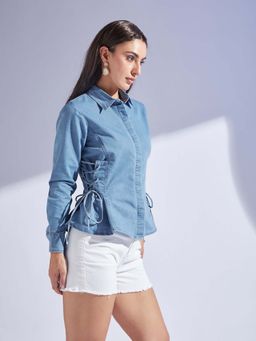 Miss Chase - Womens Light Blue Shirt Collar Full Sleeve Adjustable Tie Up Denim Shirt