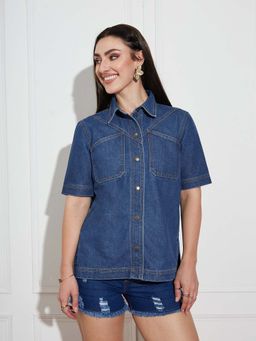 Miss Chase - Womens Navy Blue Boxy Denim Shirt