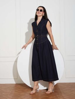 Miss Chase - Womens Dark Blue Sleeveless Light Weight Denim Shirt Dress