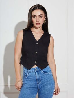 Miss Chase - Womens Black V Neck Sleeveless Solid Waistcoat-Styled Cropped Denim Top