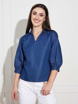 Miss Chase - Womens Dark Blue Collar-Neck Puff-Sleeve Light Weight Denim Tunic Top