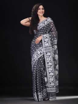 Beatitude - Black Cotton Silk Woven Jacquard Jamdani Saree with Unstitched Blouse