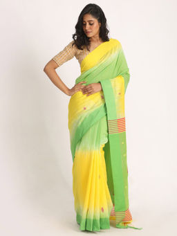 Angoshobha - Yellow & Green Cotton Blended Handloom Jamdani Saree with Unstitched Blouse