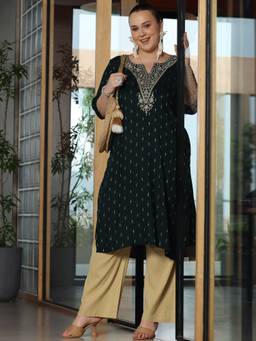 Extra love by Libas - Plus Size Women Green Woven Design Cotton Straight Kurtas for Women