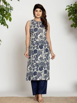 Yufta - Blue Floral Printed Kurta