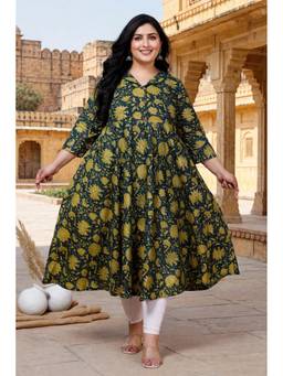 Doriyaan - Womens Plus Size Green Cotton Shirt Collar neck Floral Printed Kurta