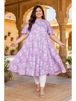 Doriyaan - Womens Plus Size Floral Printed Cotton Anarkali Kurta