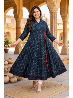 Doriyaan - Womens Plus Size Navy Blue Blue Blue Abstract Printed Side Dori Tassel Kurta