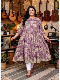 Doriyaan - Womens Plus Size Purple Flower Printed Anarkali Kurta
