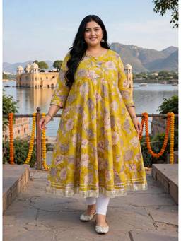 Doriyaan - Womens Plus Size Cotton Gotapatti Printed Yellow Anarkali Kurta