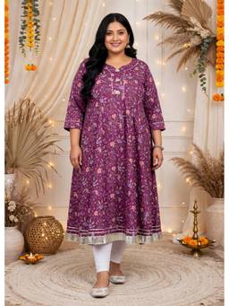 Doriyaan - Womens Plus Size Cotton Gotapatti Floral Printed Purple Kurta