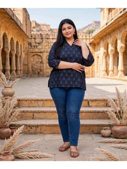 Doriyaan - Womens Plus Size Navy Blue Blue Printed Cotton Short Kurti