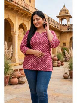 Doriyaan - Womens Plus Size Pink Floral Printed Cotton Short kurti