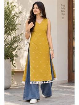 MYSHKA - Women Yellow Sleeveless Cotton Ethnic V-Neck Woven Design Kurta