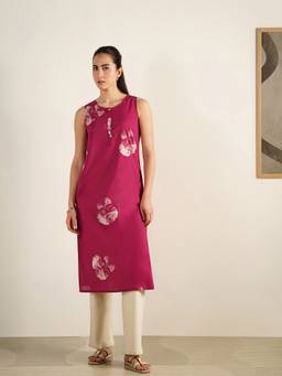 Pink Fort - Pink Cotton Floral Straight Kurta